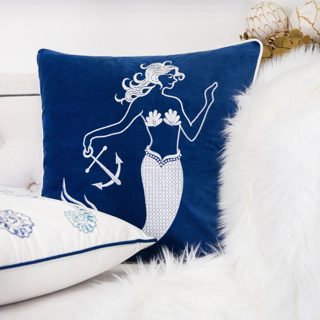 Indigo Mermaid Pillow Cover with Matching Back and Hidden Zipper