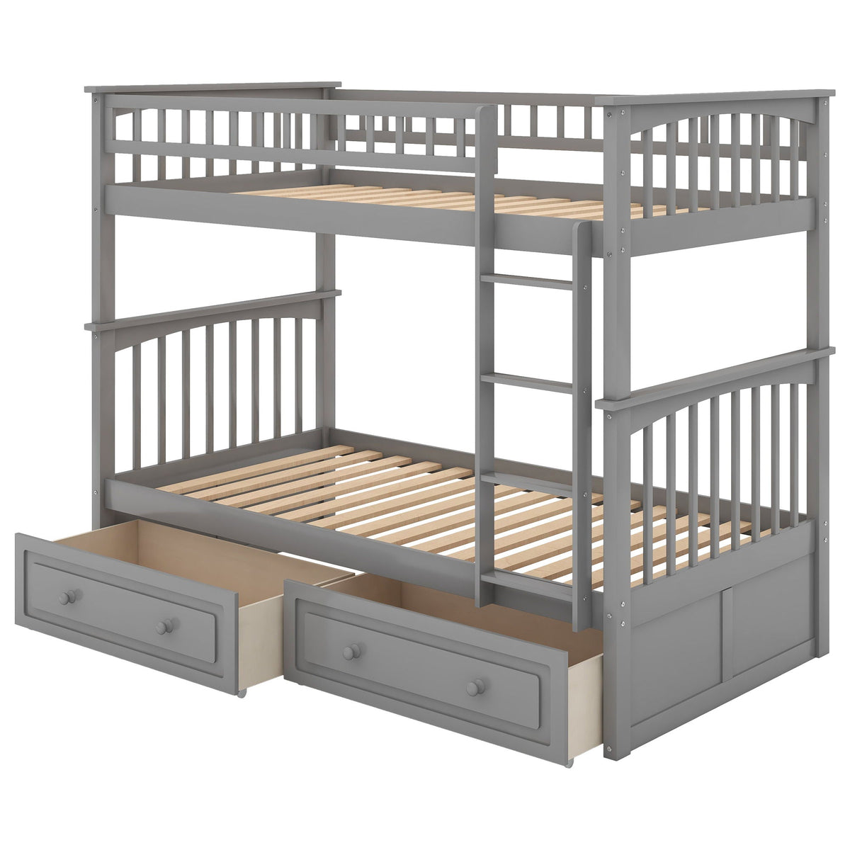 Twin Over Twin Bunk Bed with Drawers - Convertible, Solid Pine Wood - White or Dark Gray