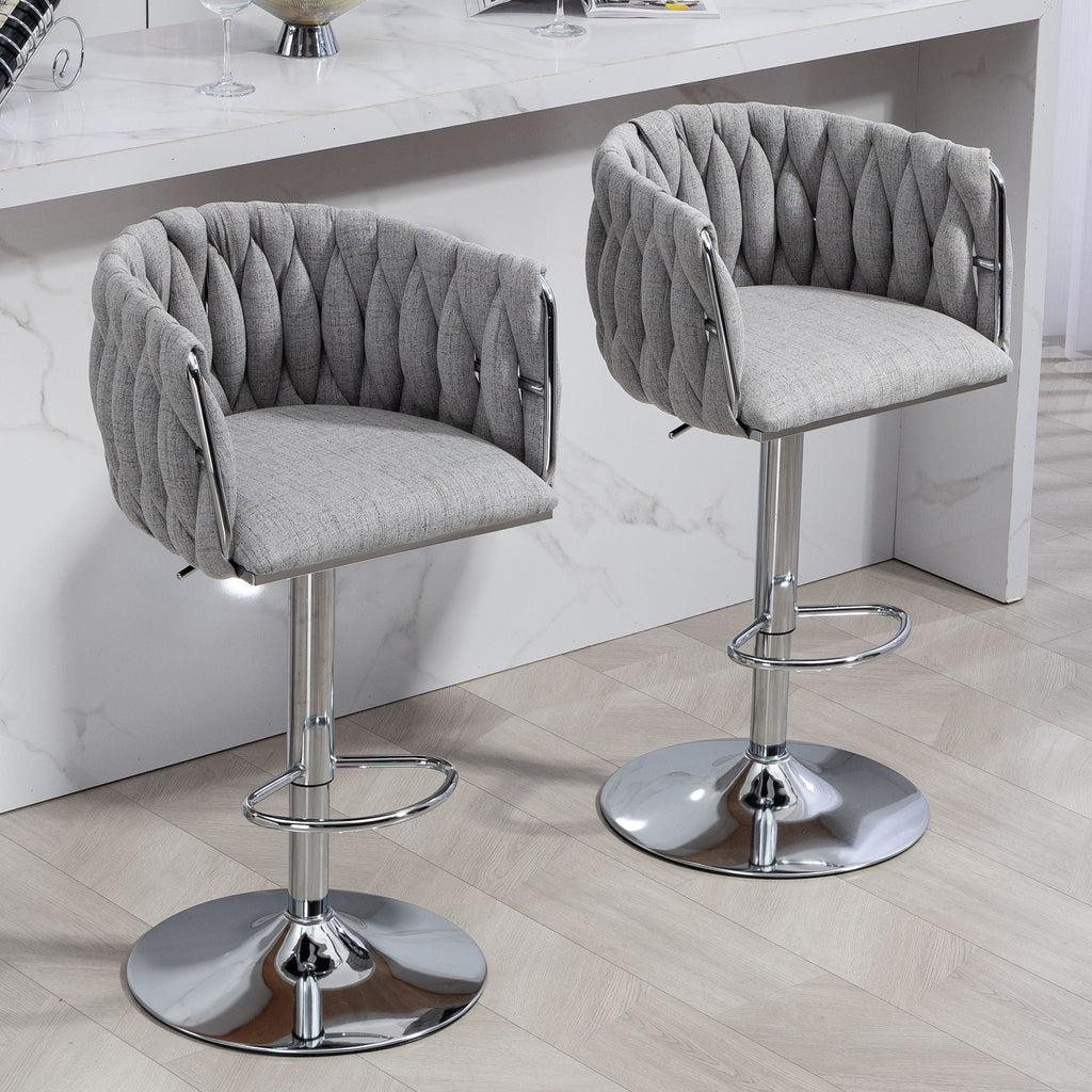 Adjustable Gray Counter Stools with 360° Swivel & Woven Back - Set of 2