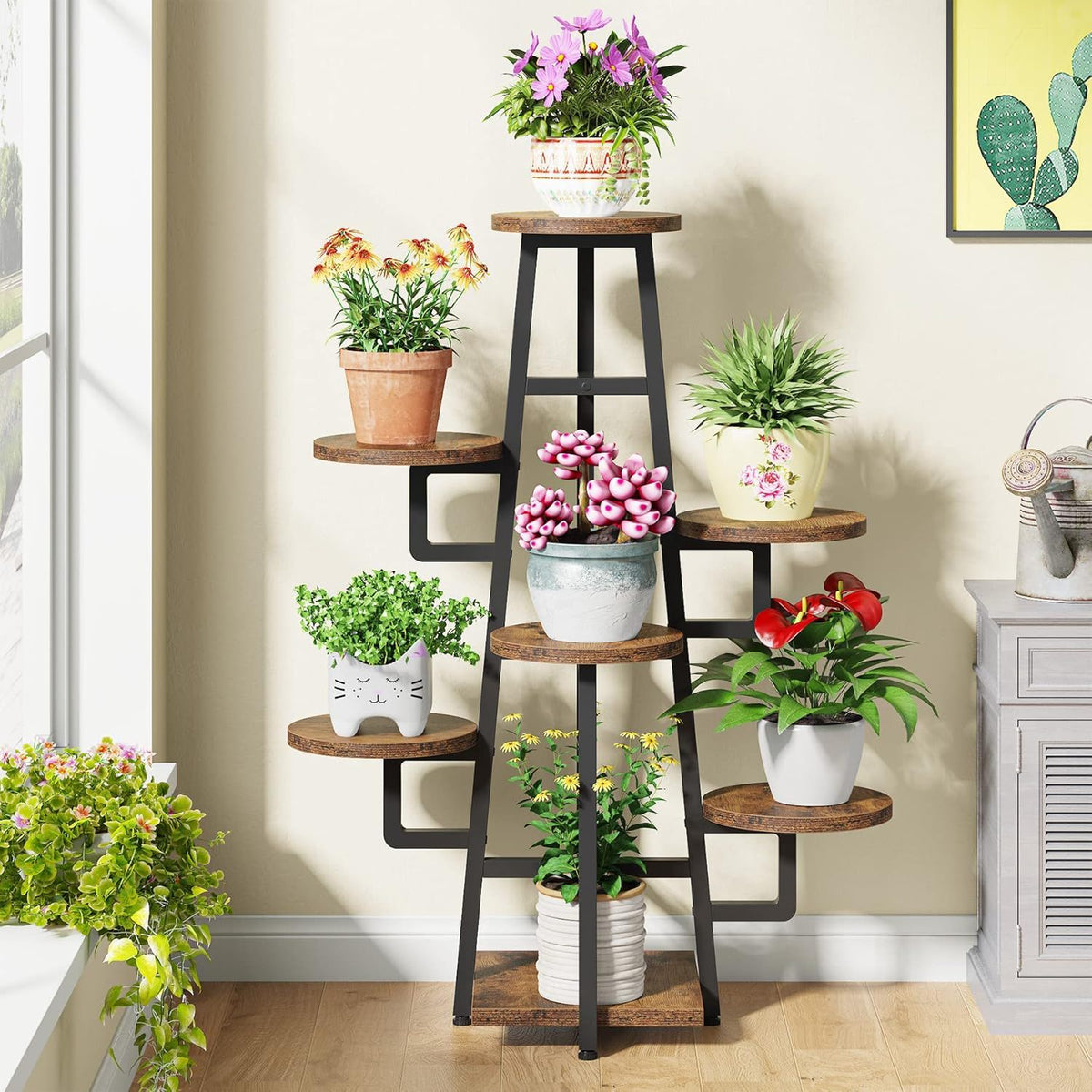 7 Tier Corner Plant Shelf with High Low Design - Dark Brown or White