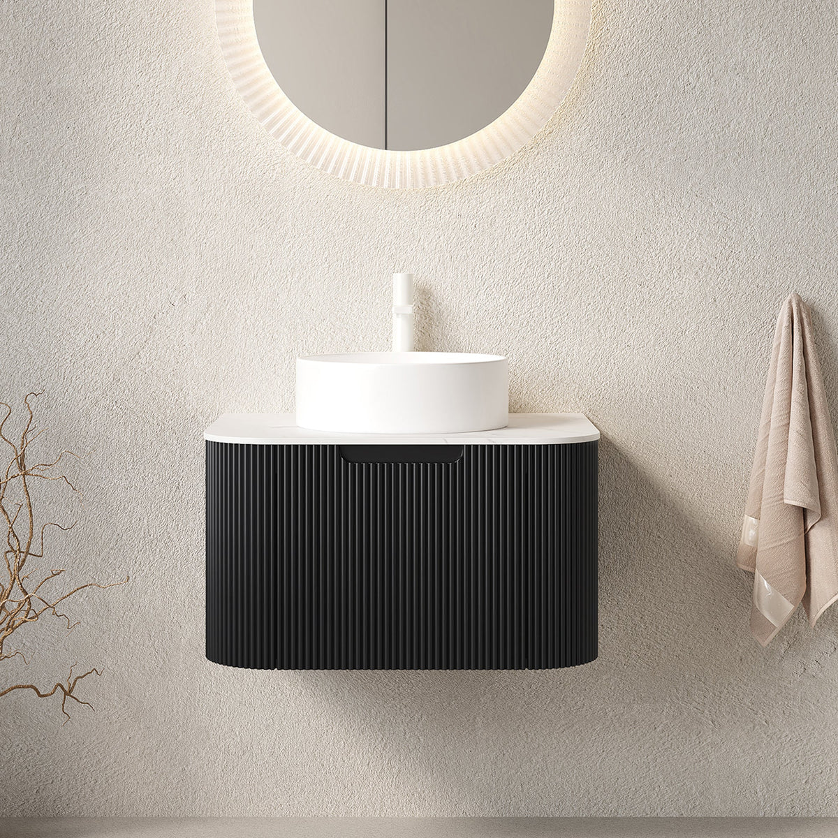 DINA 24" Bathroom Vanity with Floating Striped Cabinet and Ceramic Sink - White & Black