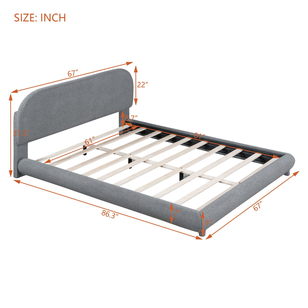 Upholstered Platform Bed with Curve-Shaped Frame - Teddy Fleece - Beige or Dark Gray