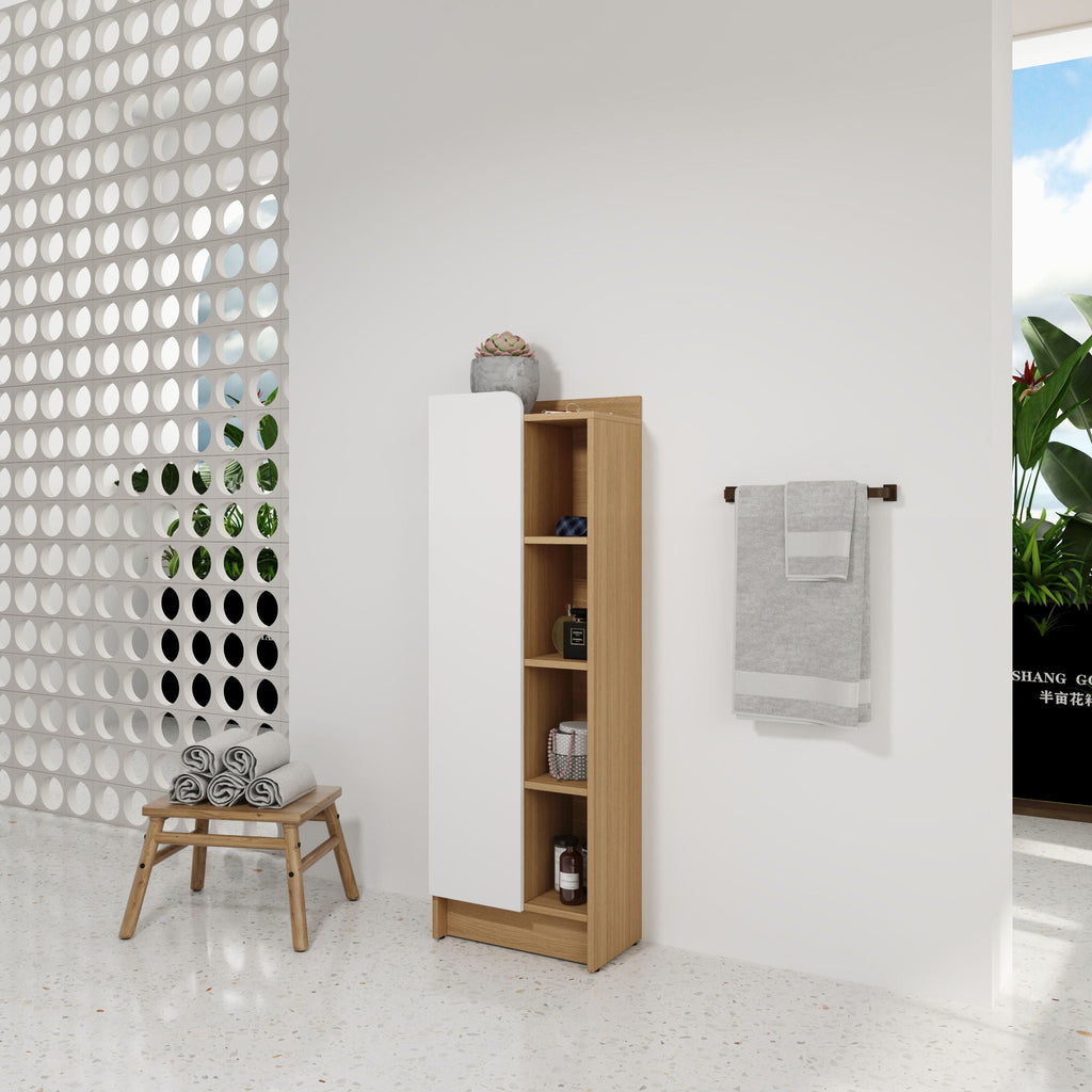 Tall Freestanding Bathroom Side Cabinet with Single Door & 4 Tier Open Shelves - Black / Light Oak / White