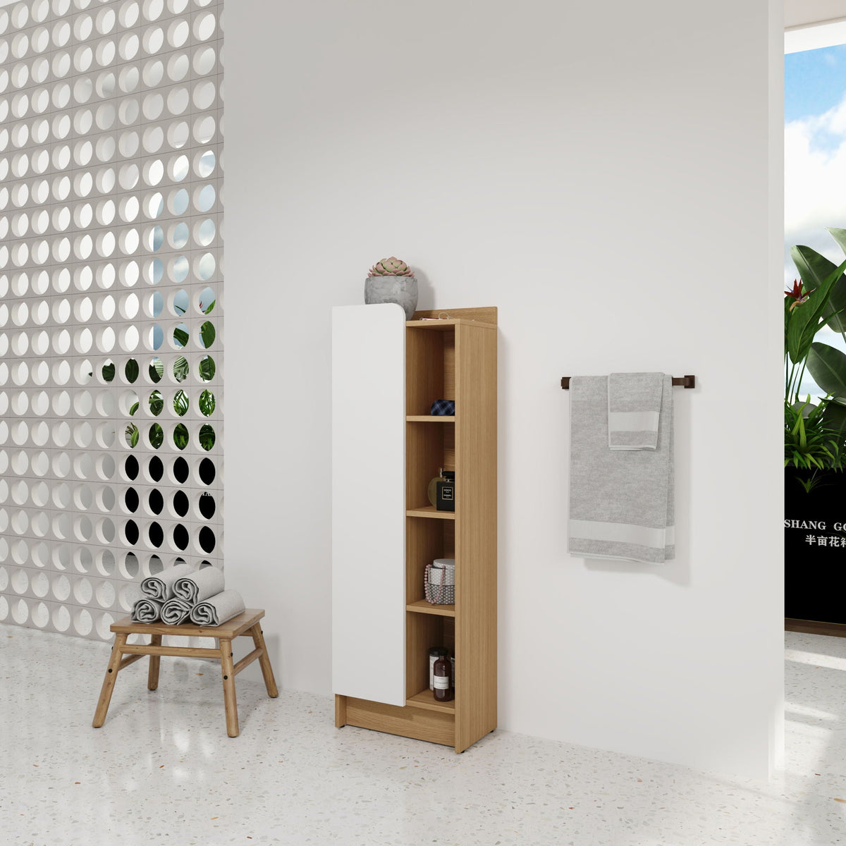 Tall Freestanding Bathroom Side Cabinet with Single Door & 4 Tier Open Shelves - Black / Light Oak / White