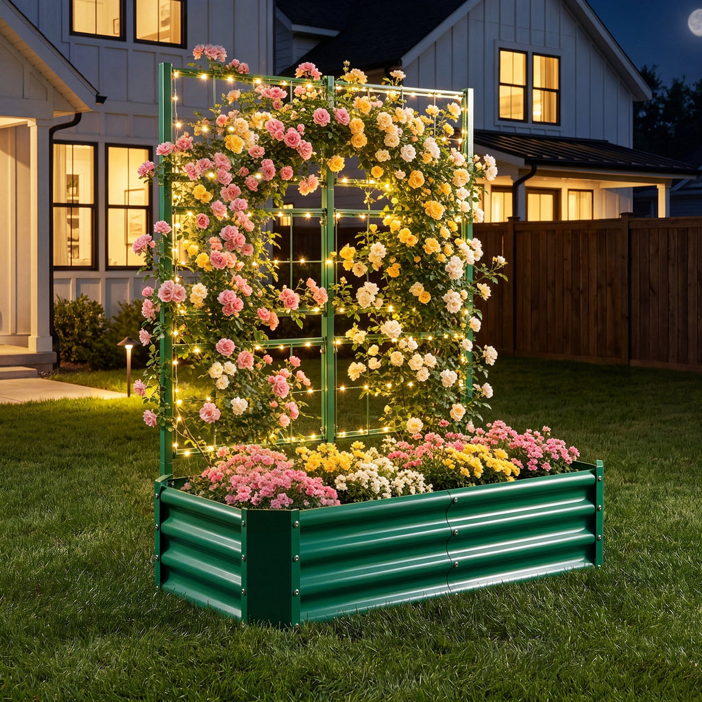 Galvanized Raised Garden Bed with Arch Trellis – Green