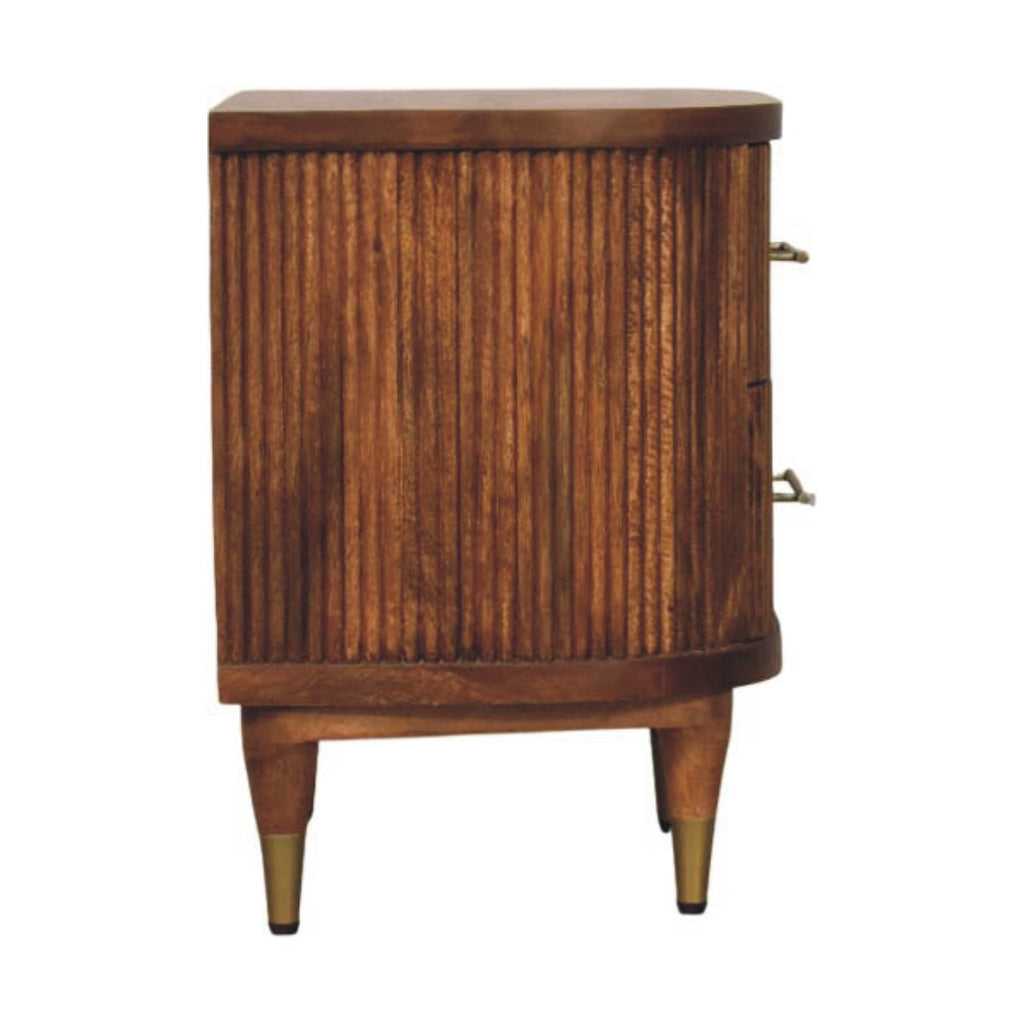 Solid Wood Ribbed Bedside Table with Ribbed Design - Amber Oak Finish