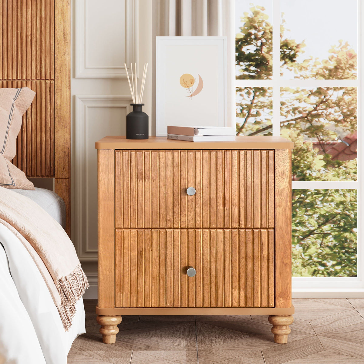 Modern Fluted Nightstand with 3 Drawers - Dark Brown or Light Brown