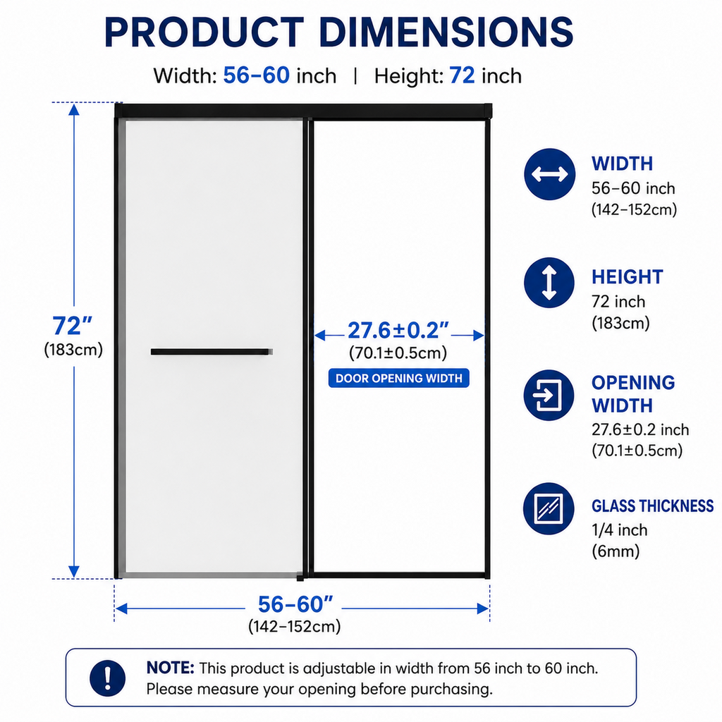 60 in. W x 72 in. H Semi-Frameless Sliding Shower Door with Tempered Glass - Matt Black
