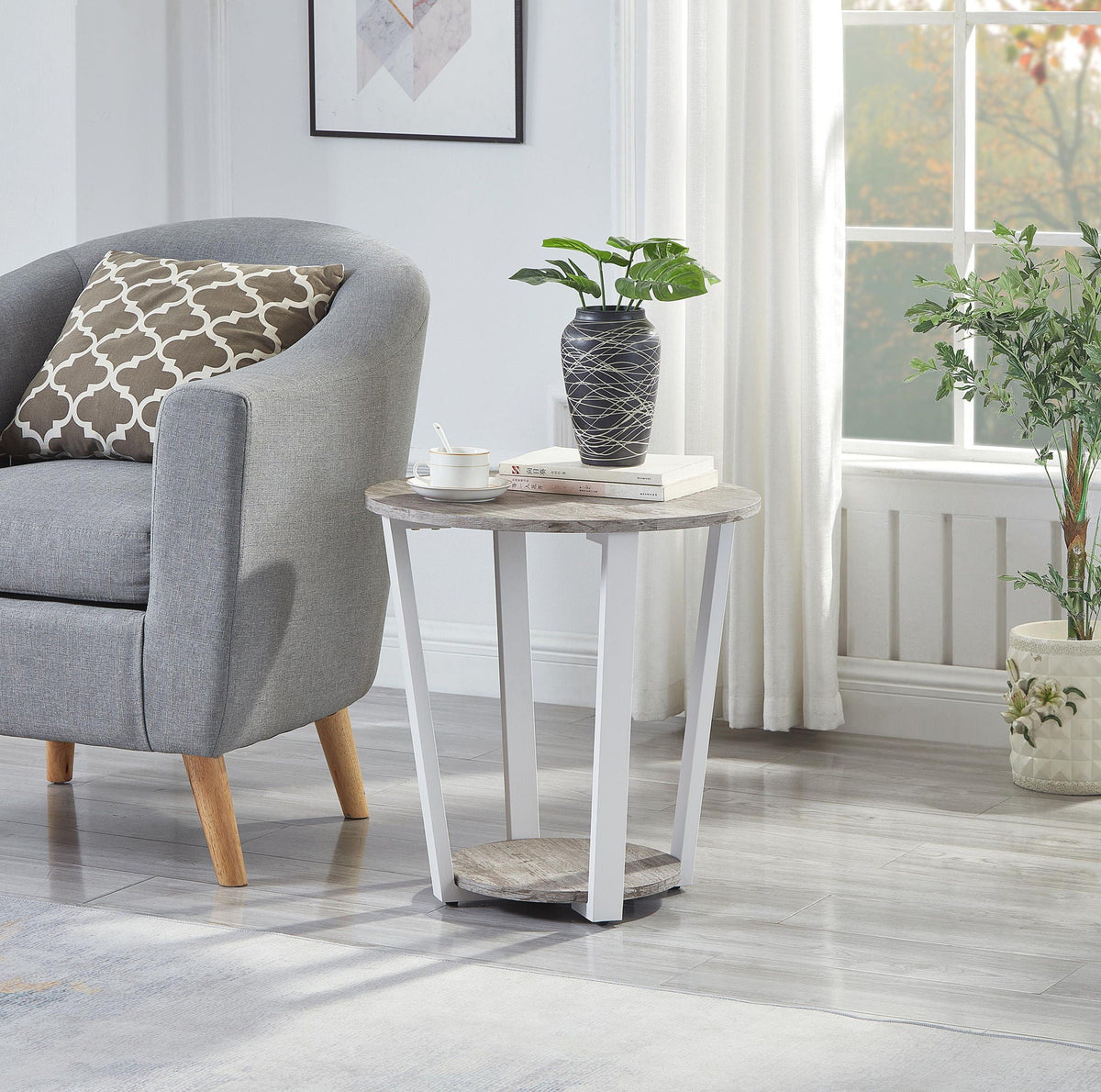 Contemporary Round End Table with Shelf - Gray