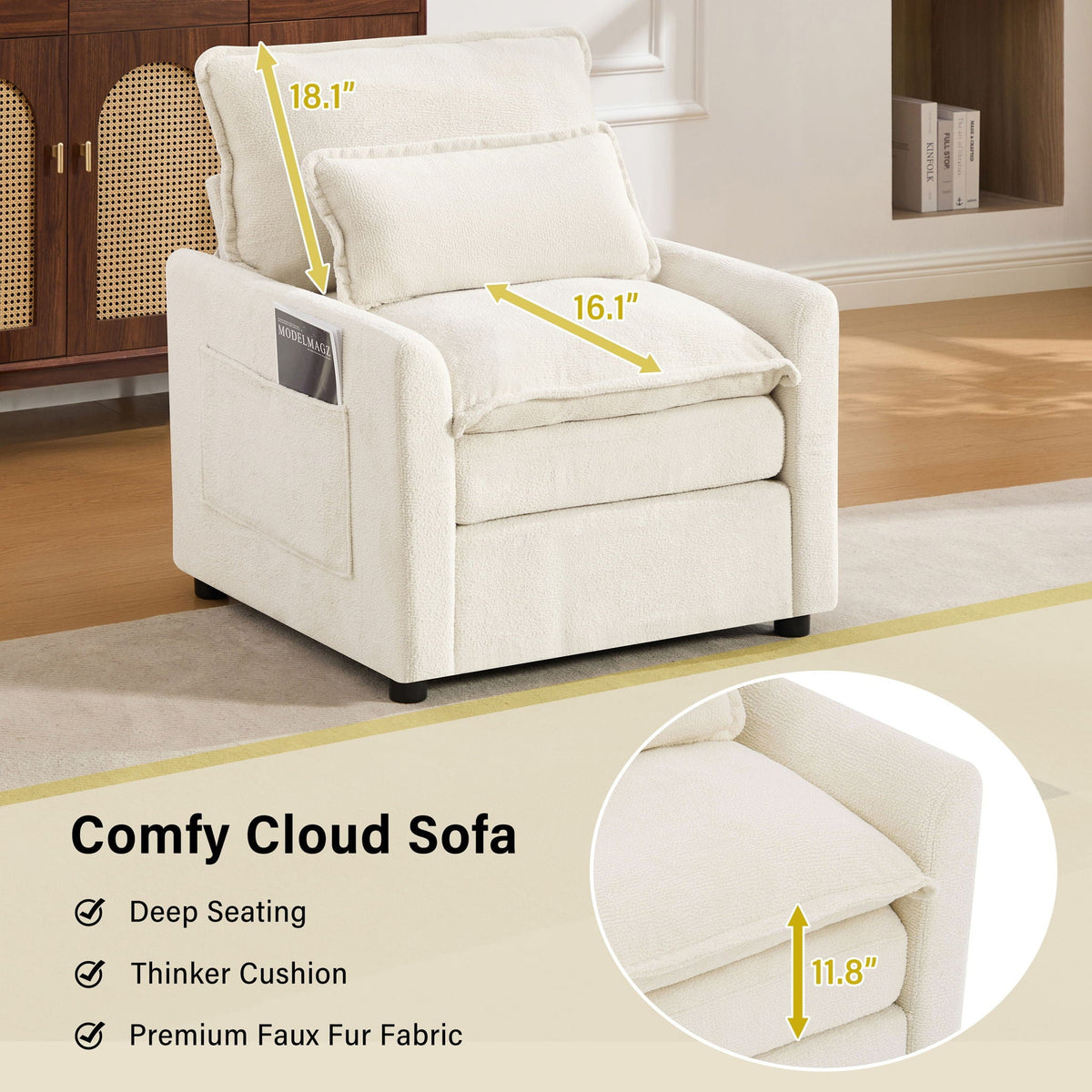 Modern Single Seat Accent Chair with Side Storage Pockets - Multiple Colors