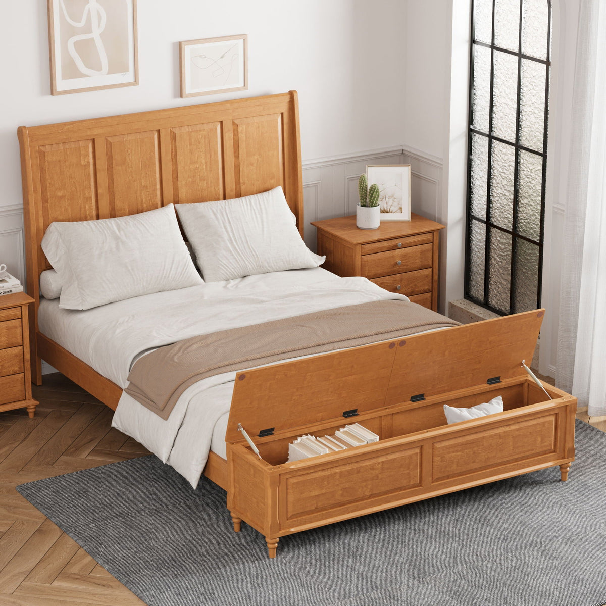 Sleigh Bed Frame with Tall Headboard and Storage Bench - Dark or Light Brown