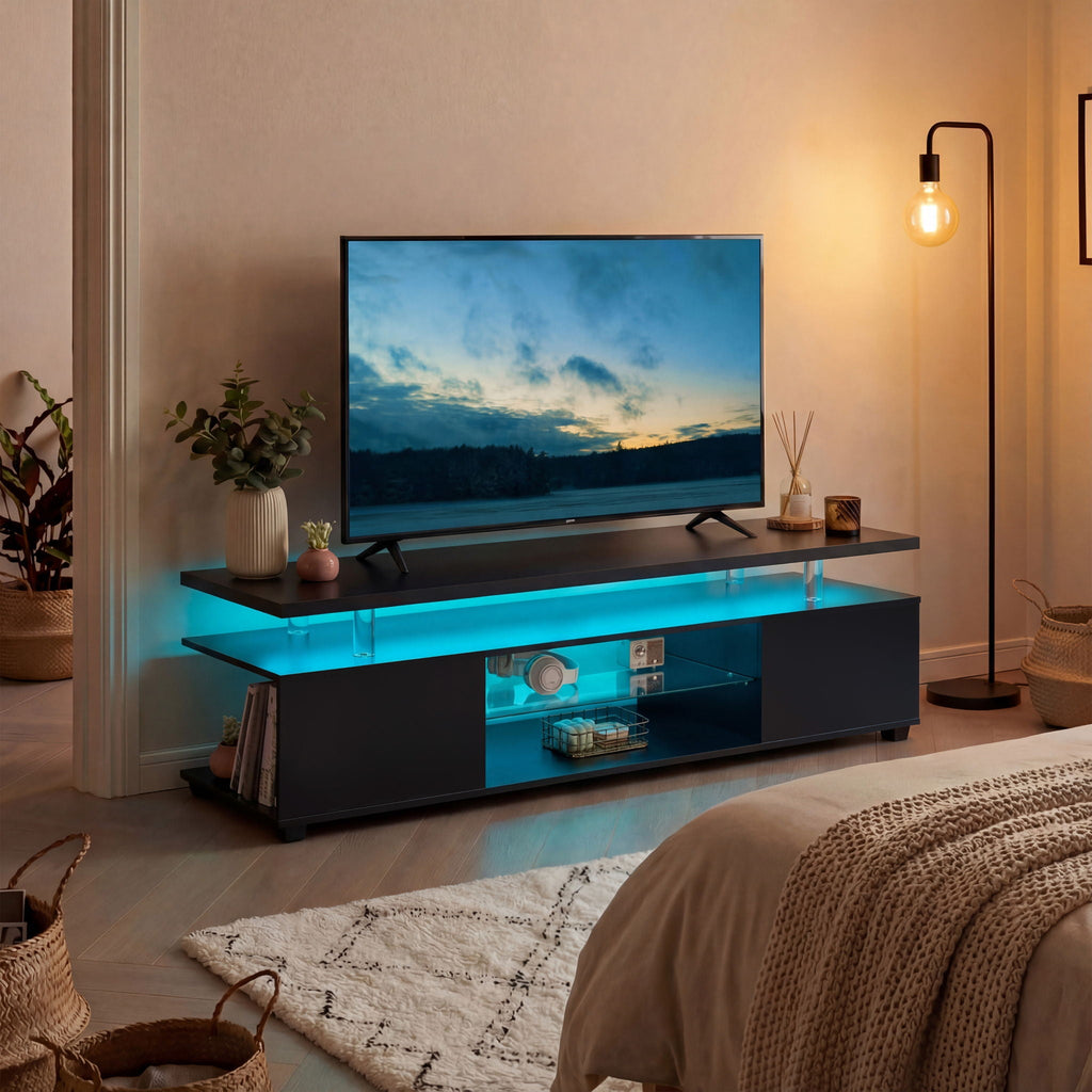 TV Stand with LED and Large Side Cabinet - White, Black, or Gray