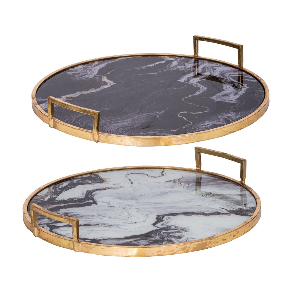 Round Decorative Tray Set with Abstract Marbled Design and Gold Handles - Black & White