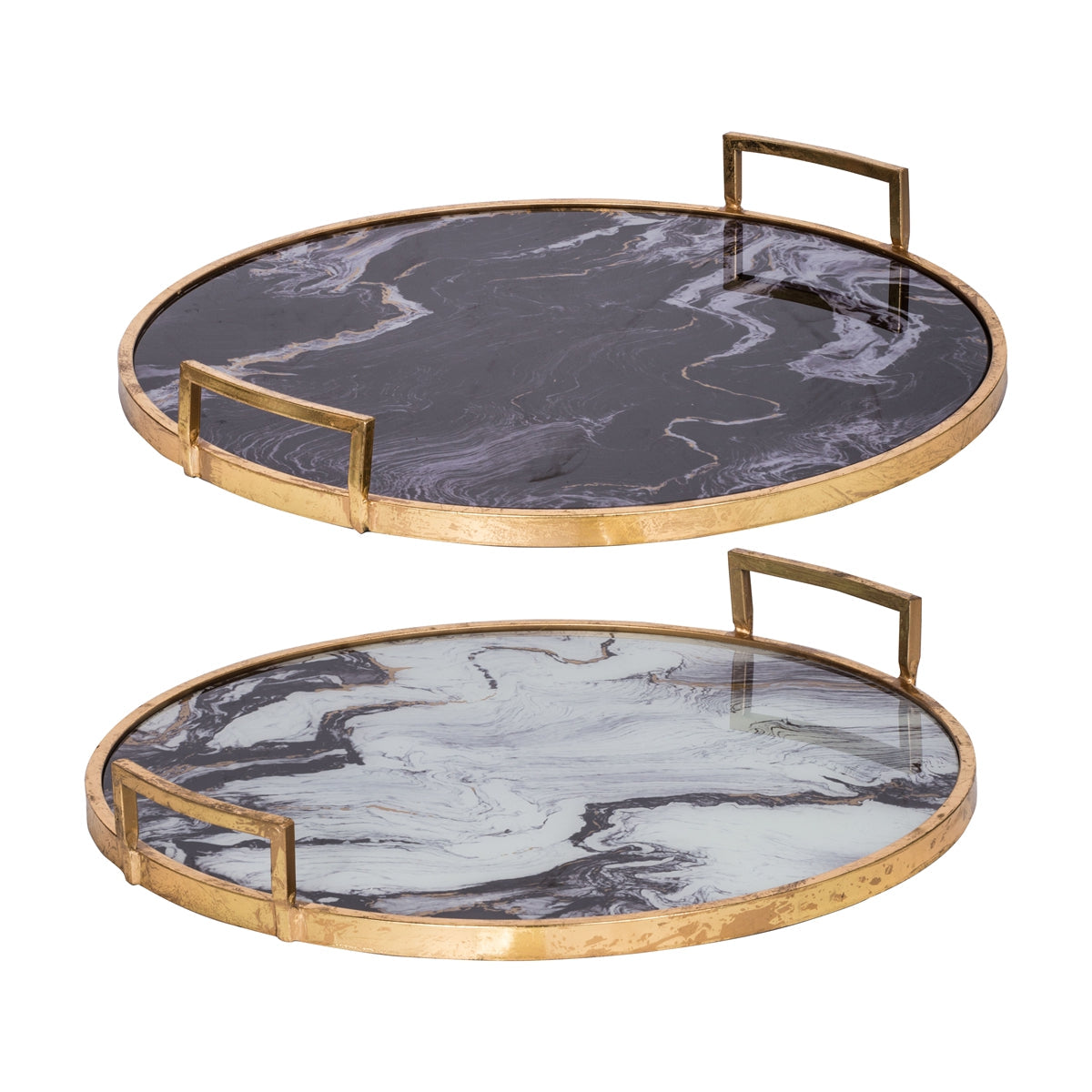 Round Decorative Tray Set with Abstract Marbled Design and Gold Handles - Black & White
