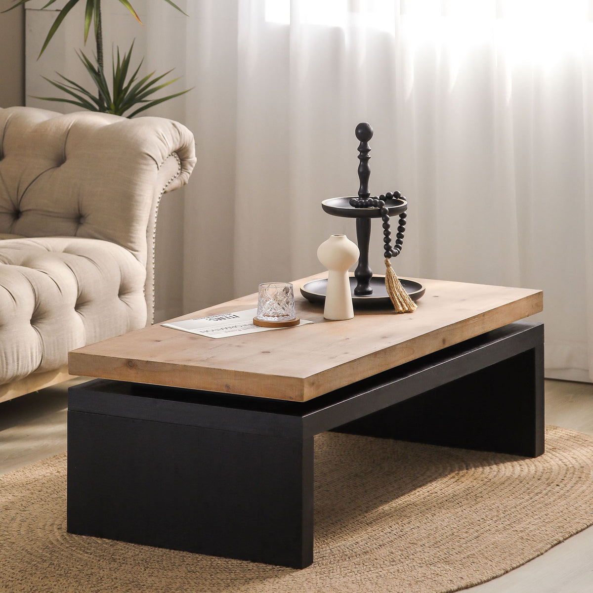 Rectangular Coffee Table with Engineered Wood Top and Black Frame - Black/Natural