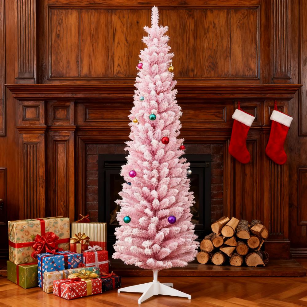Snow Flocked Artificial Christmas Tree with Pencil Shape - White