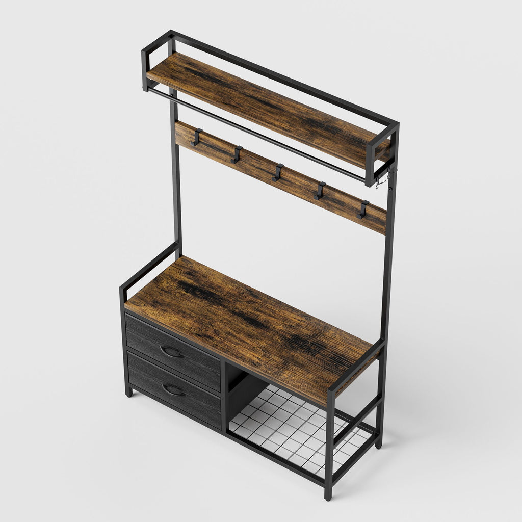 Rustic Brown Hall Tree With 2 Movable Drawers