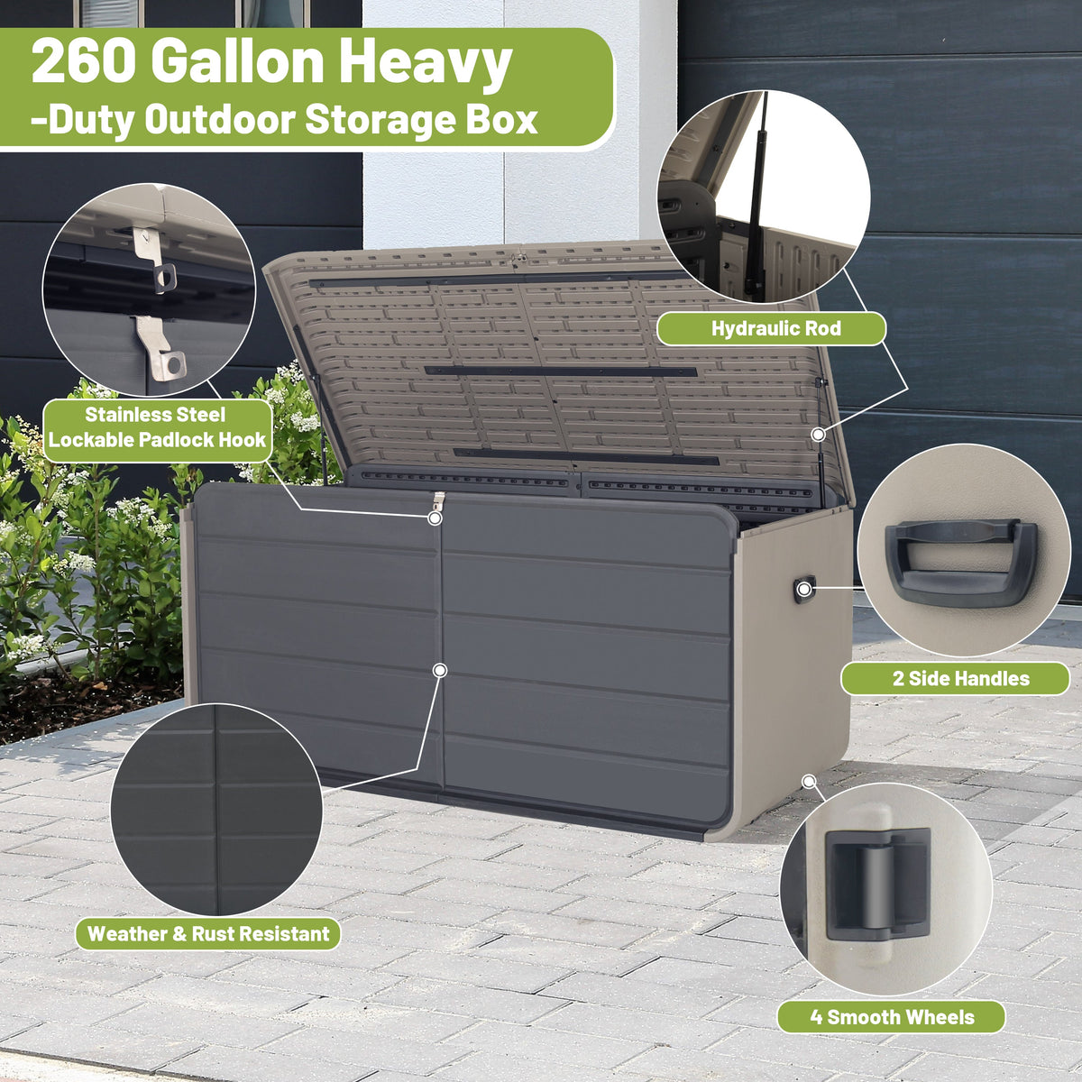 260 Gallon Plastic Deck Box with Wheels and Waterproof Lid - Gray
