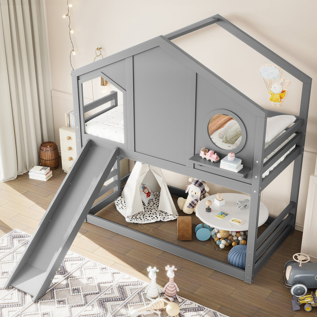 Twin House Bunk Bed with Slide and Storage Shelves - Pine Wood