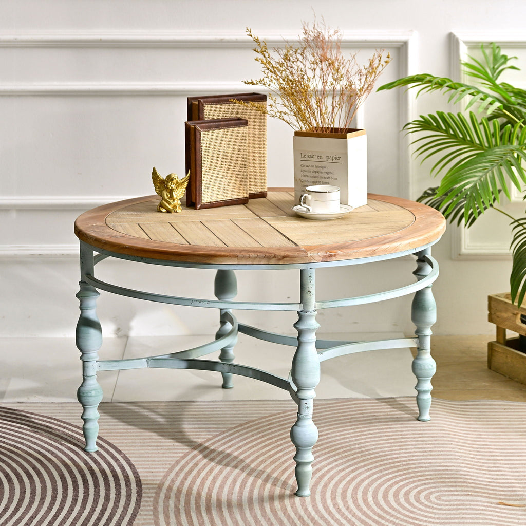 Round Top Carved Coffee Table with Metal Legs - Light Brown