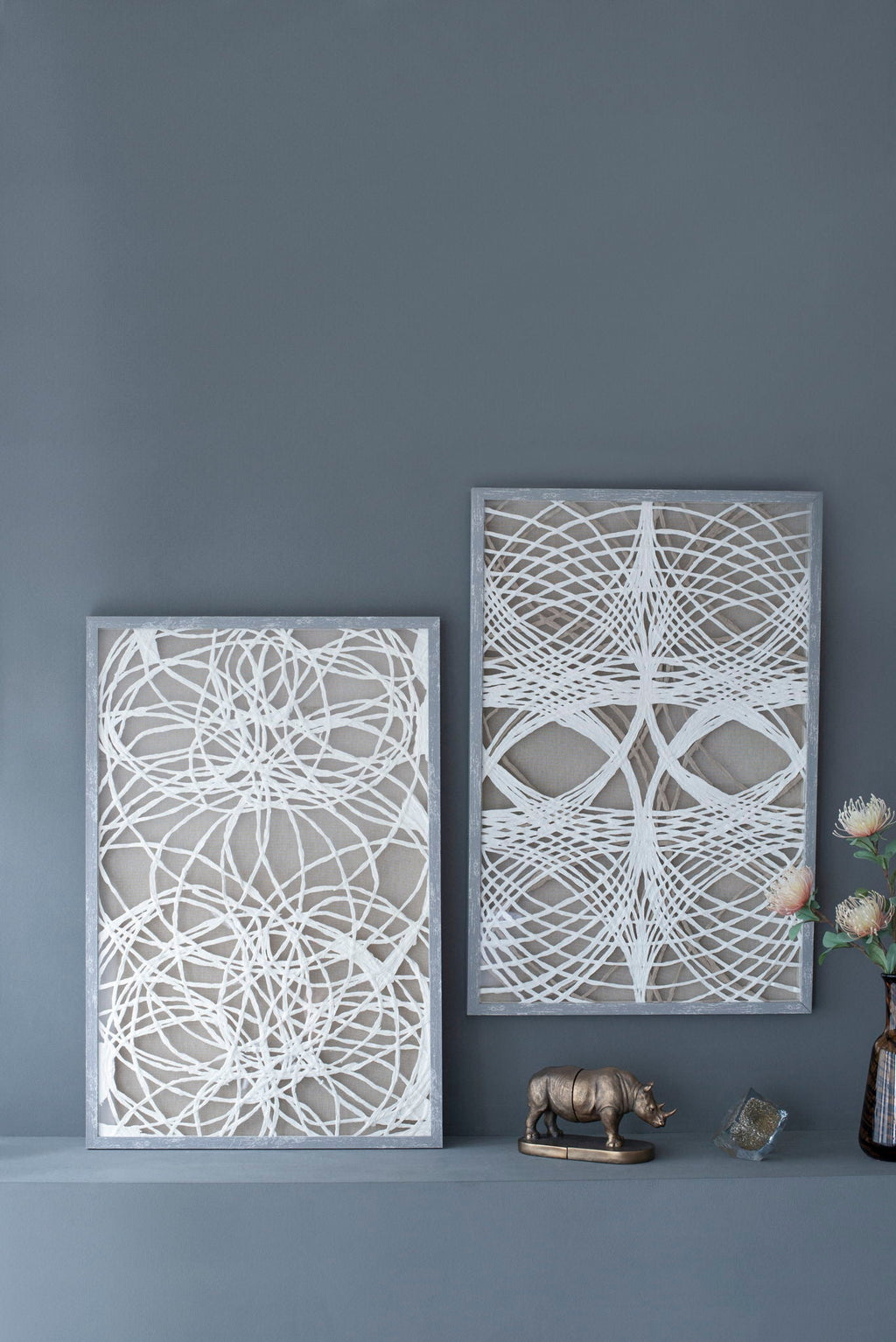 Leaf Shadow Box Wall Decor Set with Intricate Paper Design - White / Gray