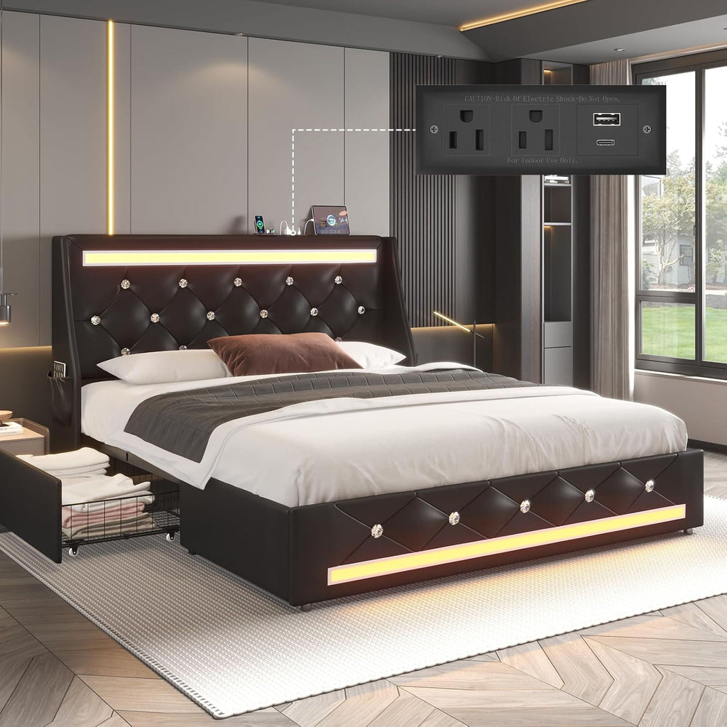Wingback Upholstered Bed Frame with LED Lights and Charging Station - Black or White