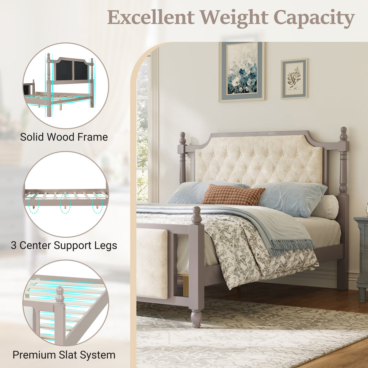Queen Size Upholstered Platform Bed with Button Tufted Velvet Headboard - Taupe or Brown