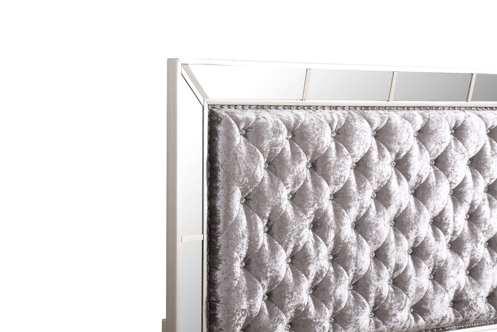 Contemporary Panel Bed with Mirrored Accents - Beige or Pearl Silver
