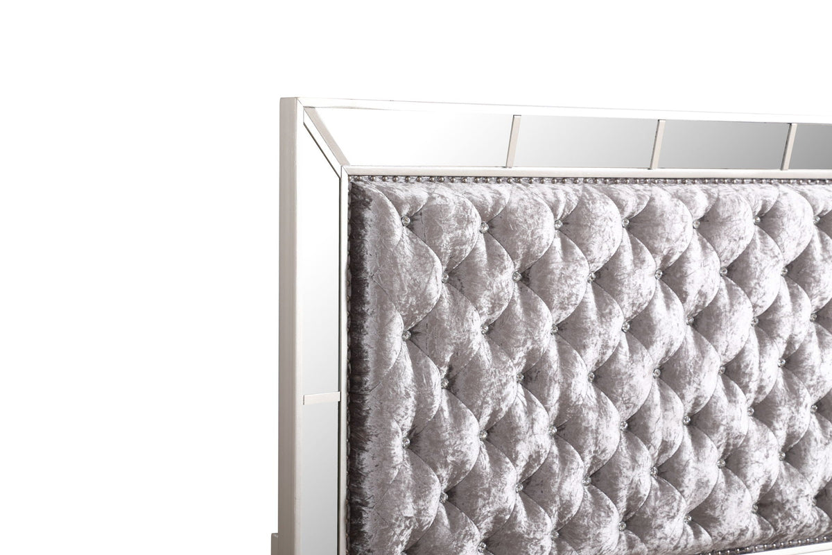 Contemporary Panel Bed with Mirrored Accents - Beige or Pearl Silver