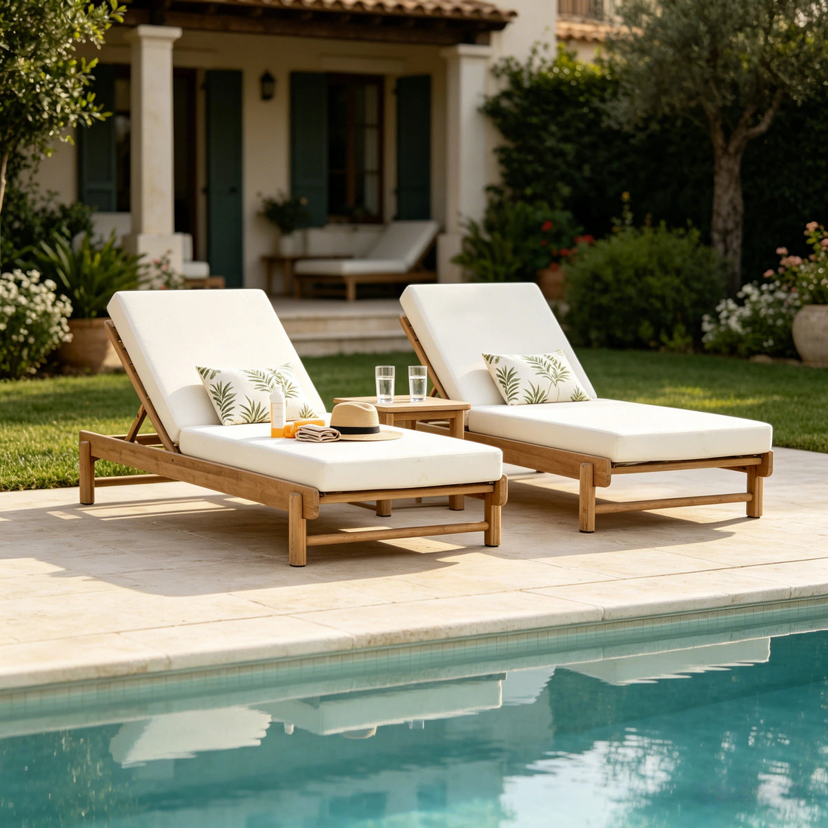 Light Teak Acacia Wood Chaise Lounge Set with Adjustable Backrest - Light Teak