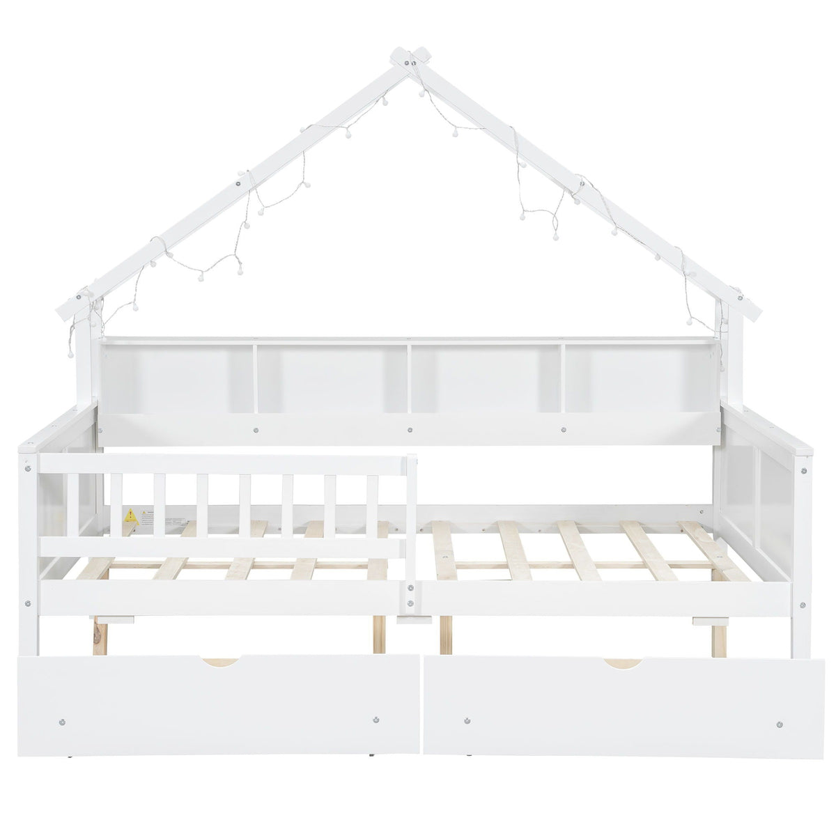 House Style Platform Bed With LED Lights, Storage Shelves, Drawers, And Guardrail