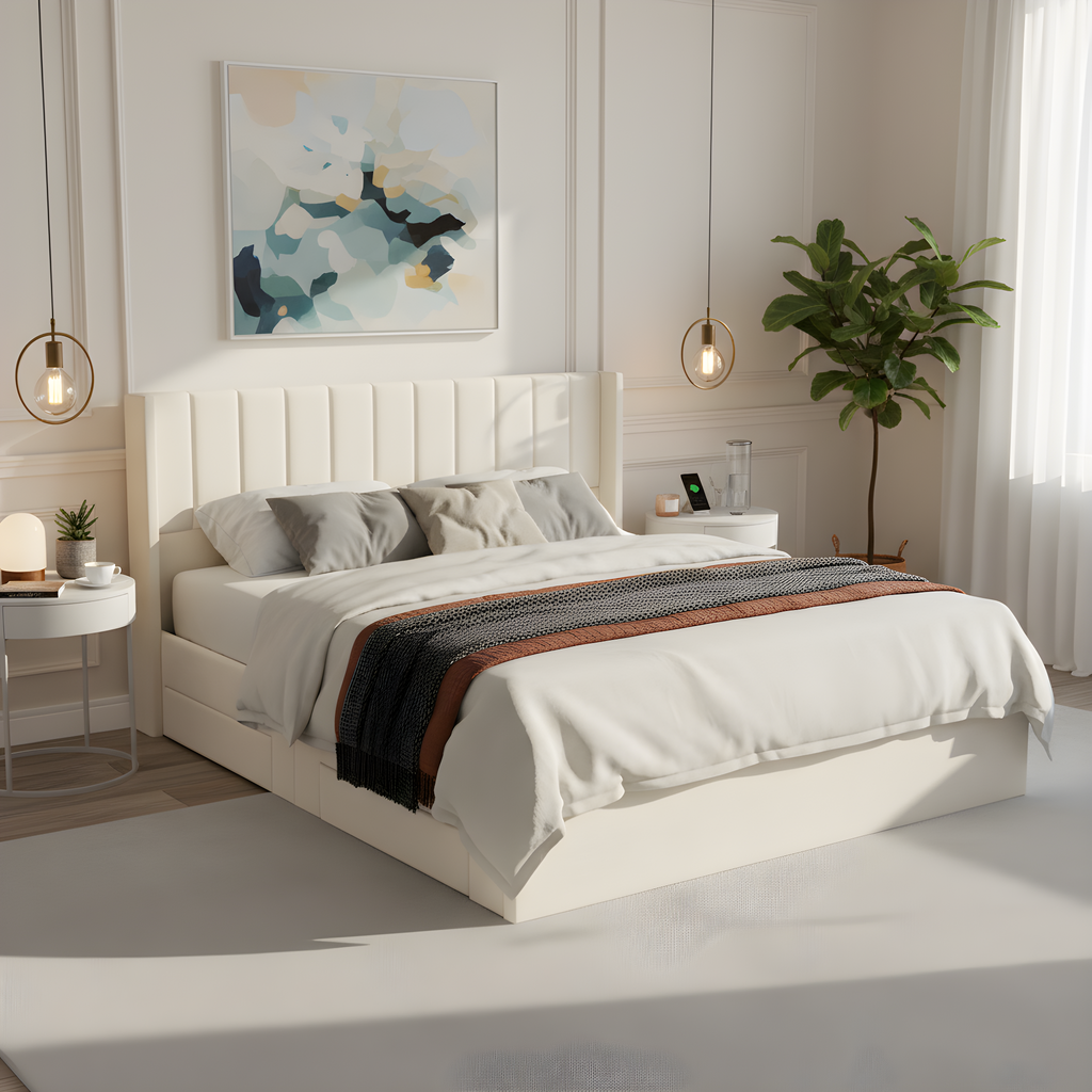 Large-Capacity Upholstered Storage Bed with Drawers - Light Beige