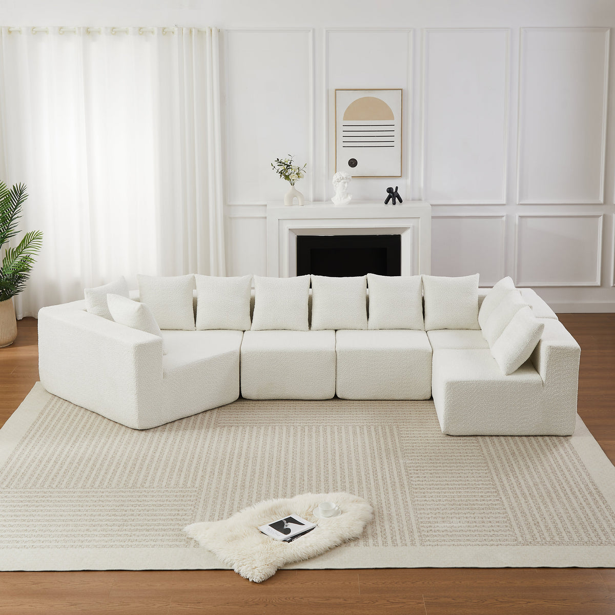 Extra-Large L-Shaped Chenille Sectional Sofa with 11 Pillows - Neutral Fabric