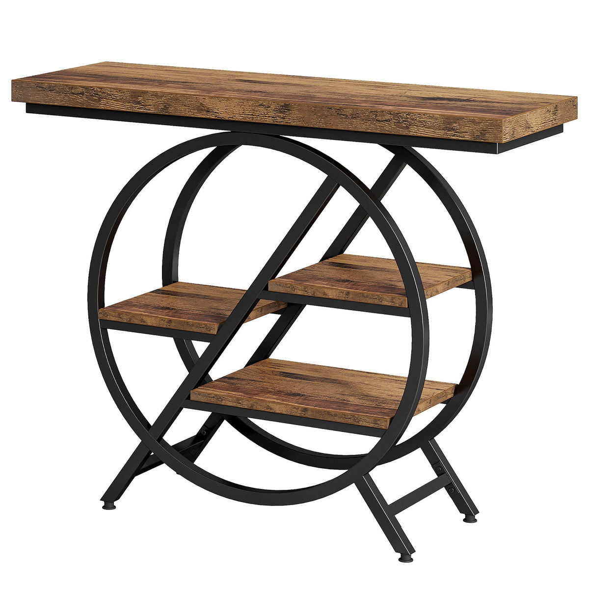 4 Tier Entryway Console Table with Geometric Circle Frame & Storage Shelves - Rustic Brown