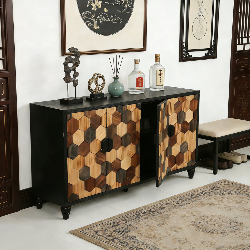 Distressed Storage Cabinet with Honeycomb Pattern - Engineered Wood