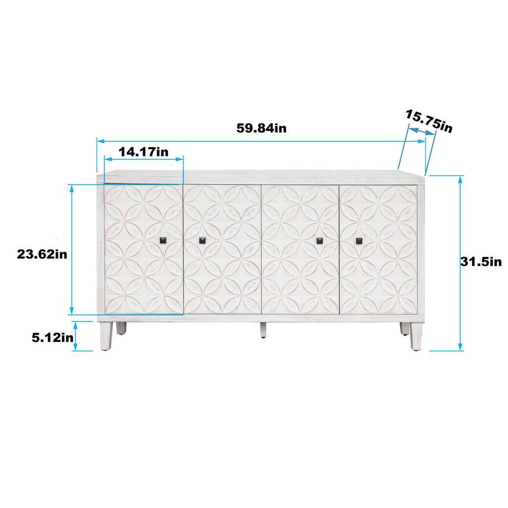 White Wash 4-Door Sideboard Cabinet with Adjustable Shelves