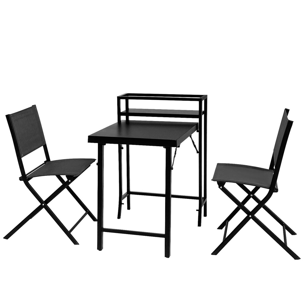 3 Piece Patio Bistro Set with Foldable Table and Chairs - Black