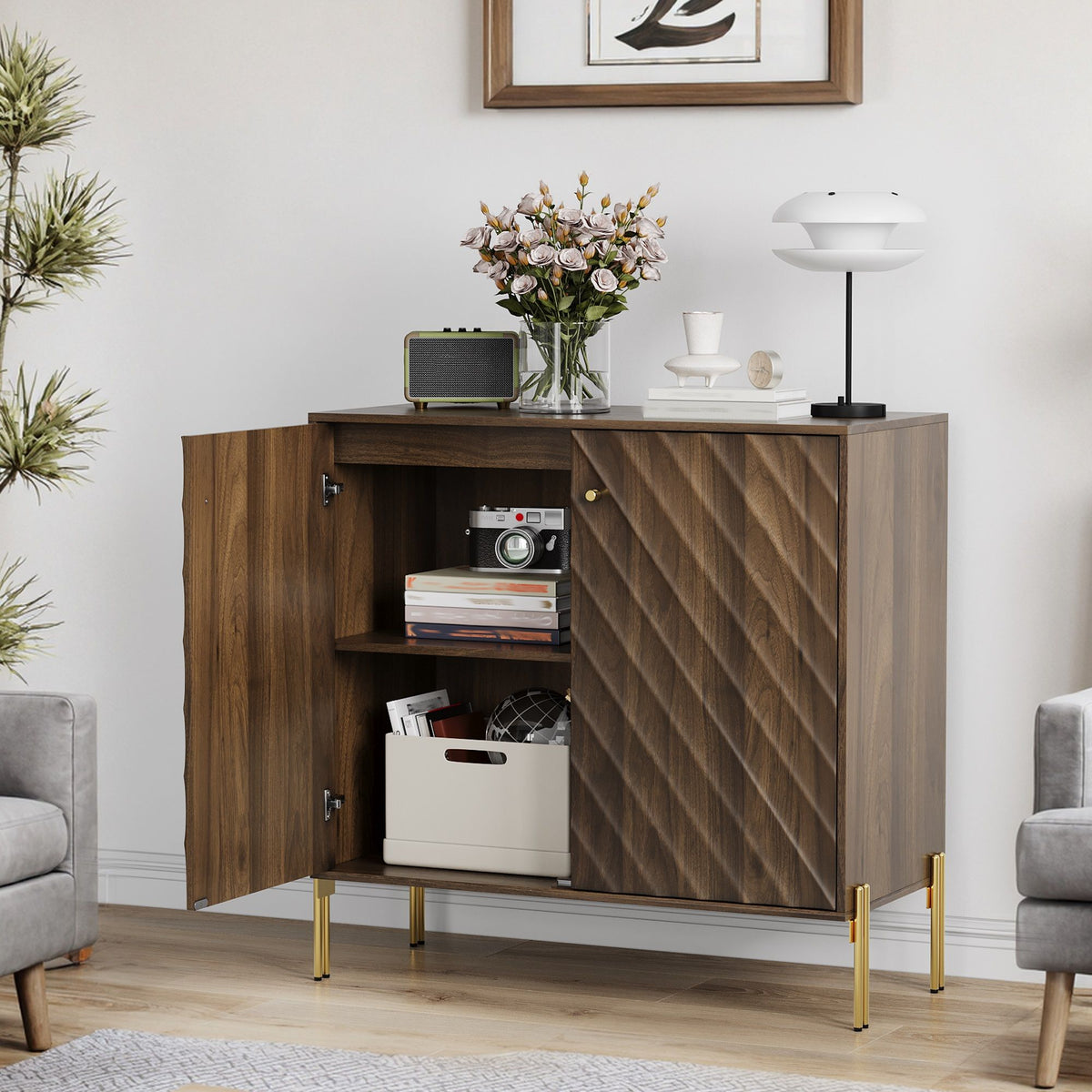 Walnut Sideboard Buffet with Storage for Living Room - Mid-Century Modern Design