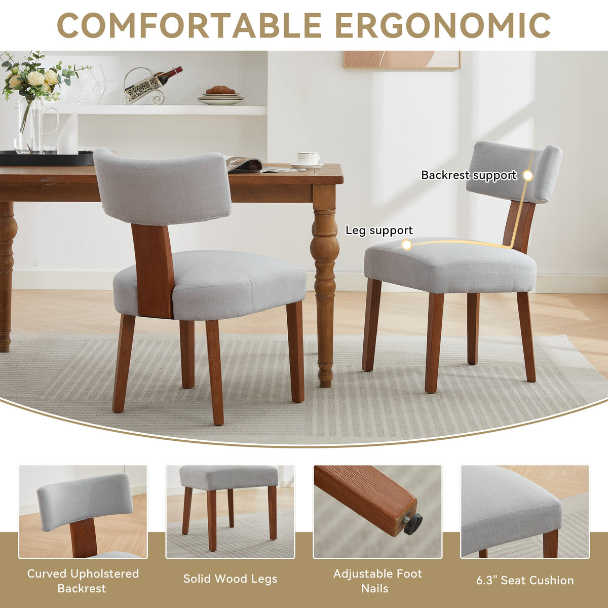 Set of 2 Dining Chairs with Linen Upholstery - Light Brown