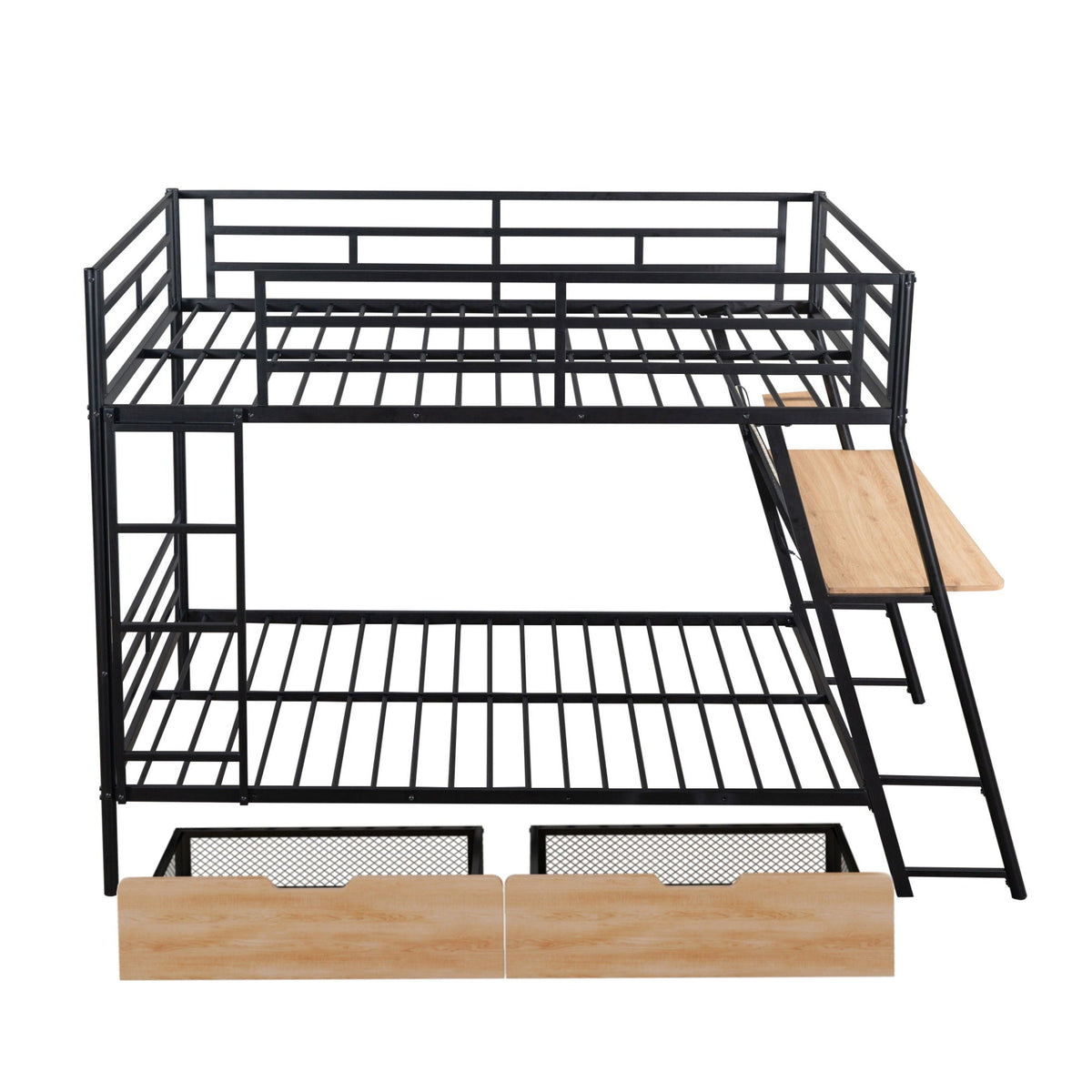 Full Size Bunk Bed with Built-In Desk, Light & 2 Drawers - Black