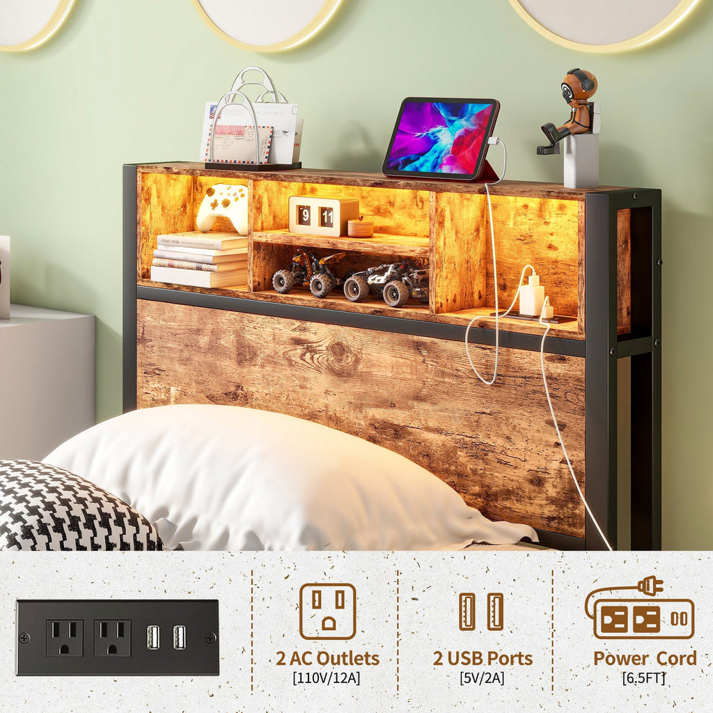 Modern Twin Size Metal Platform Bed Frame with Storage Headboard & Charging Station - Brown