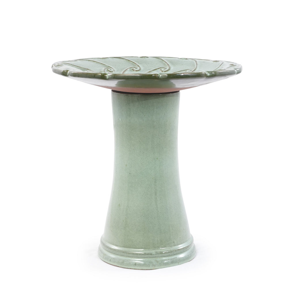 Handmade Glazed Ceramic Bird Bath with Swirling Scroll Design - Glazed Finish