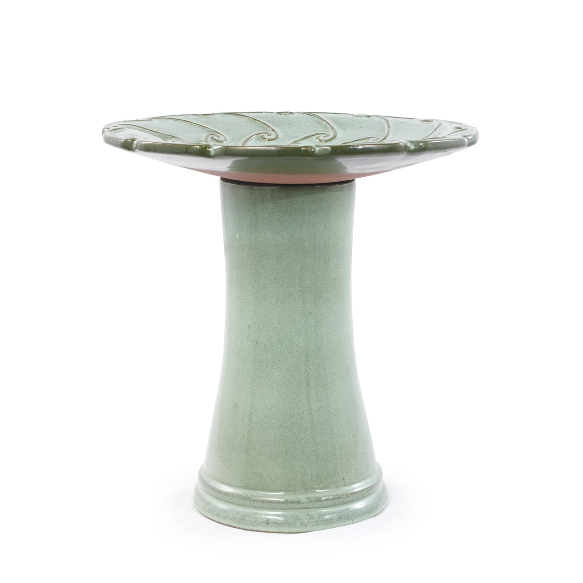Handmade Glazed Ceramic Bird Bath with Swirling Scroll Design - Glazed Finish
