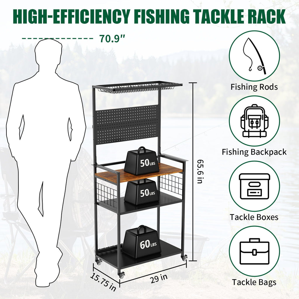 Fishing Rod Storage Rack with Pegboard - Rolling Tackle Organizer Cart - Black