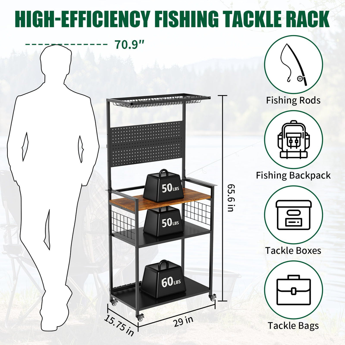 Fishing Rod Storage Rack with Pegboard - Rolling Tackle Organizer Cart - Black