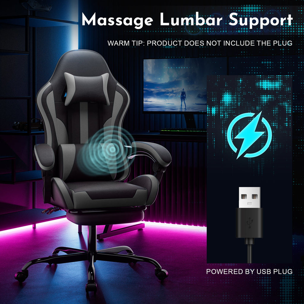 Ergonomic Gaming Chair with Footrest and Lumbar Support - Black/Grey