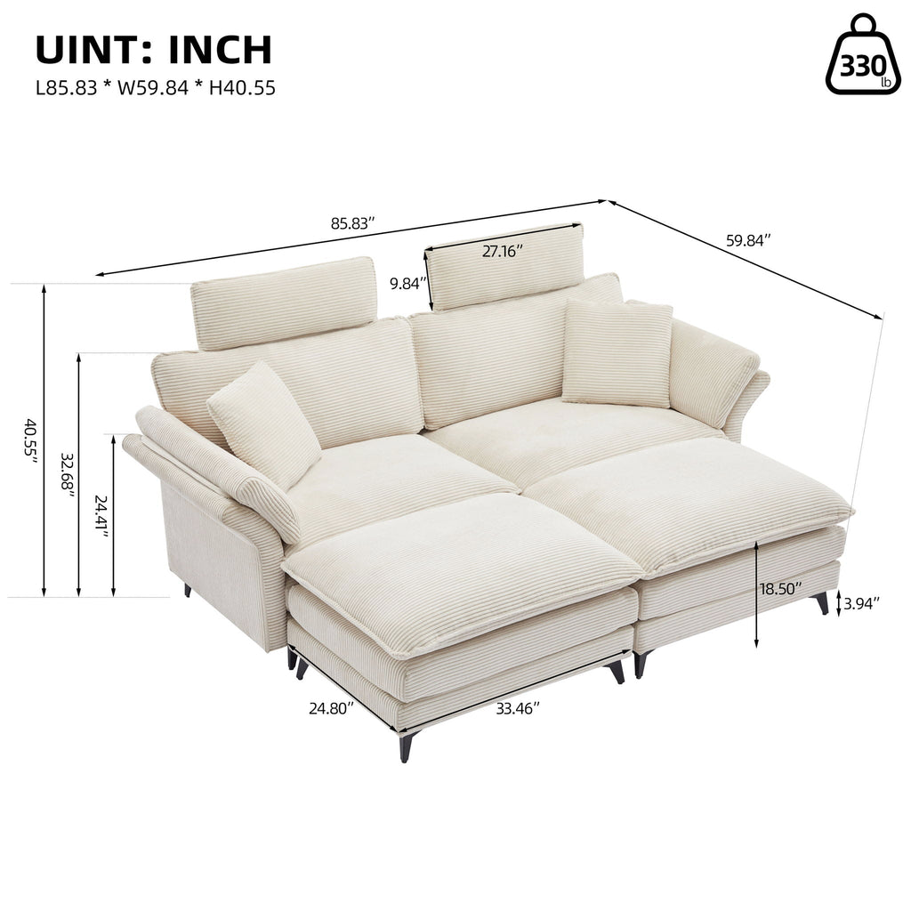 Modern Deep Seat Sectional Sofa with Ottoman - Corduroy - Black or Beige