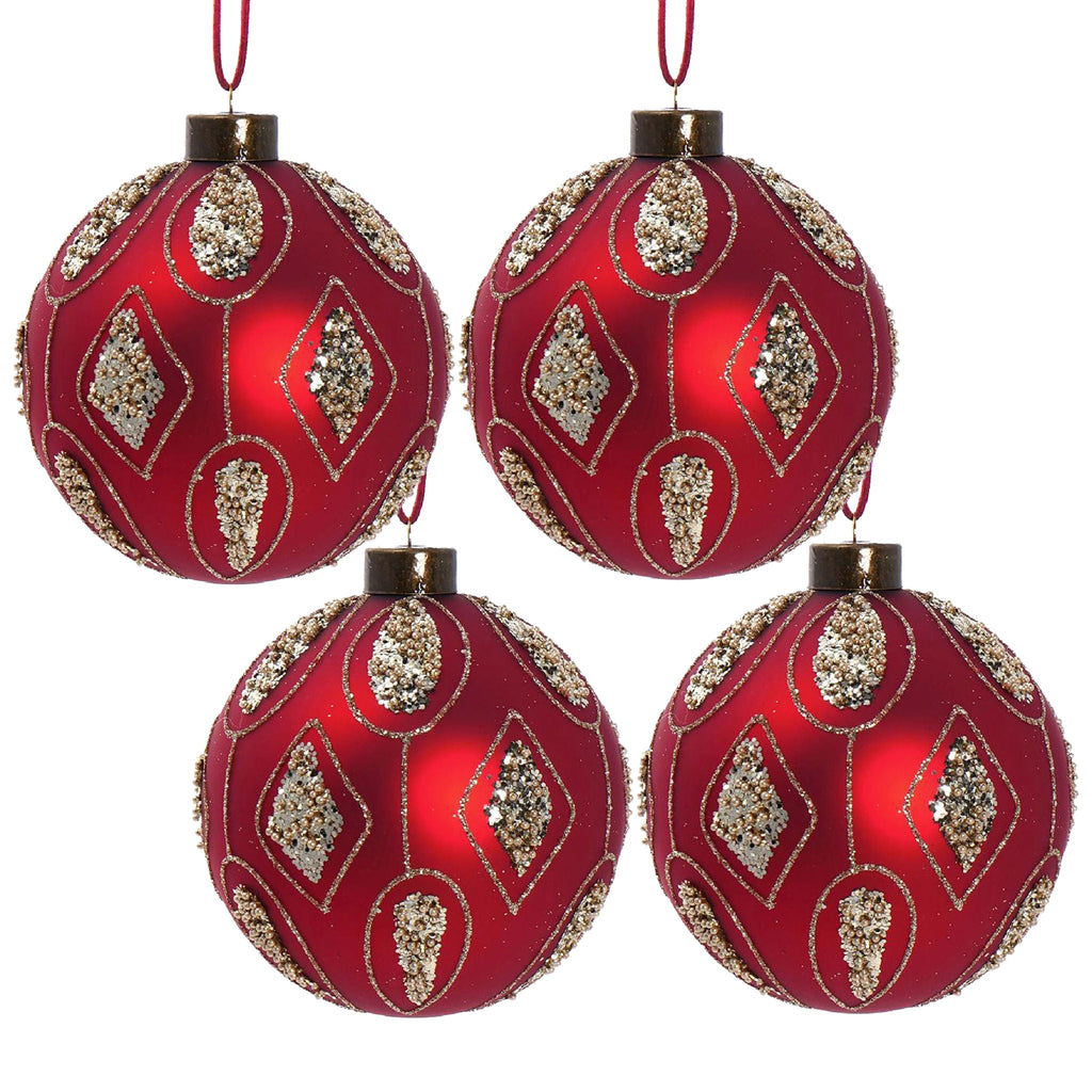 Red Glass Christmas Ball Ornaments with Glitter Detail - Red