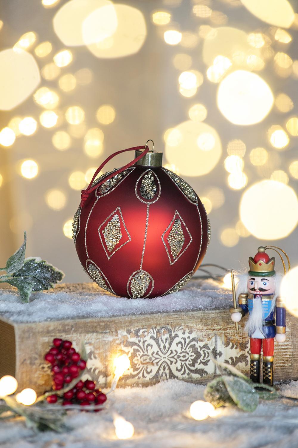 Red Glass Christmas Ball Ornaments with Glitter Detail - Red
