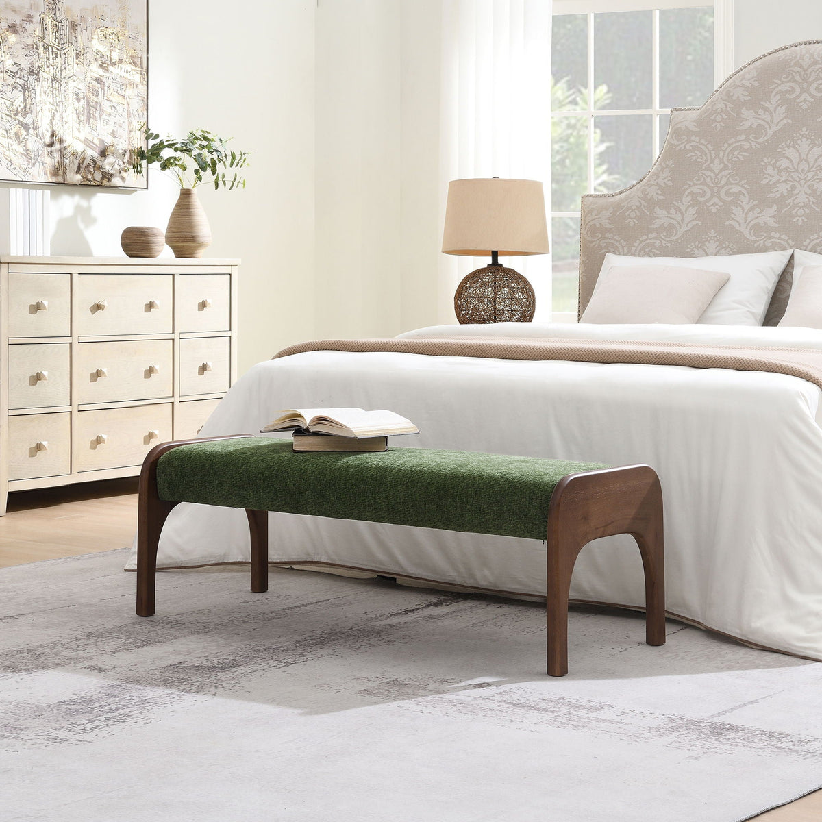 Modern Upholstered Long Bench with Plush Cushion - Beige or Dark Green